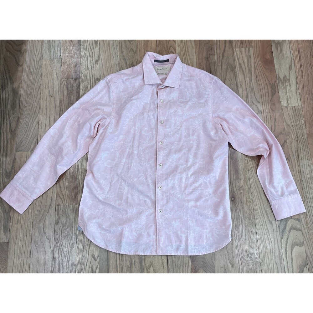 Tommy Bahama Island Modern Fit Men's M Pink Tonal Floral Silk Cotton Shirt LS
